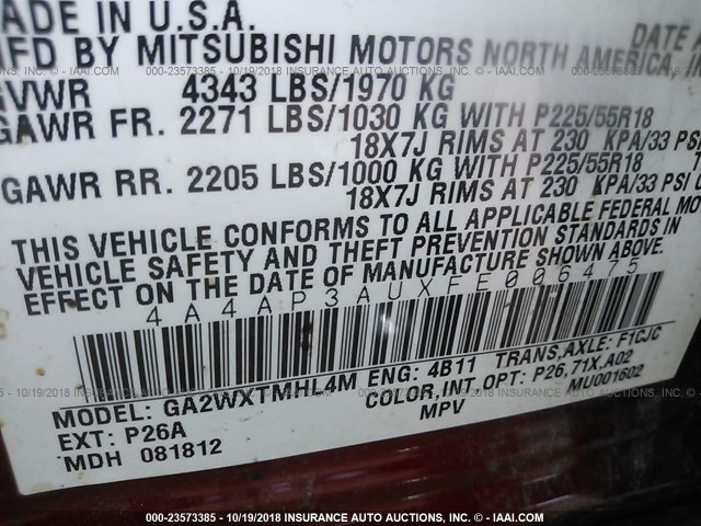 4A4AP3AUXFE006475 - 2015 MITSUBISHI OUTLANDER SPORT ES RED photo 9