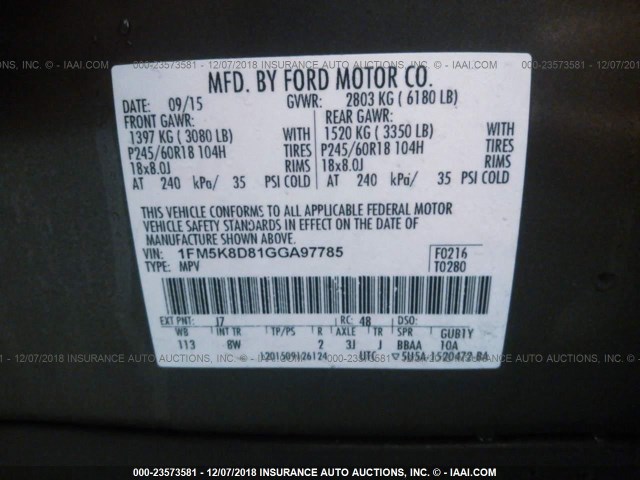 1FM5K8D81GGA97785 - 2016 FORD EXPLORER XLT GRAY photo 9