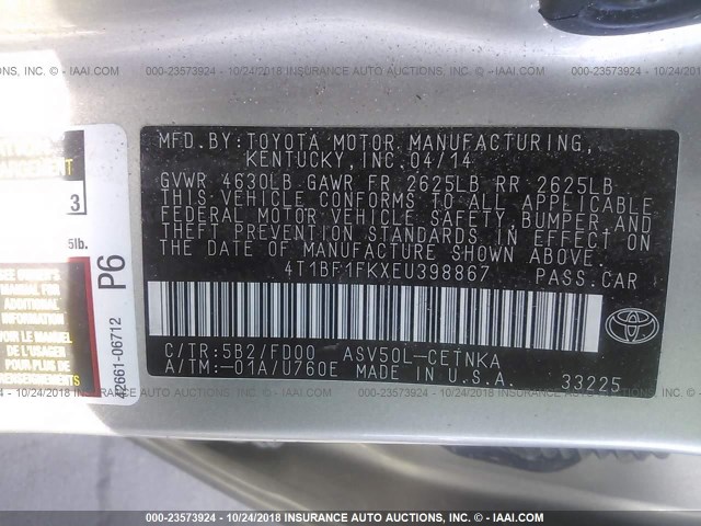 4T1BF1FKXEU398867 - 2014 TOYOTA CAMRY L/SE/LE/XLE 银色 照片 9