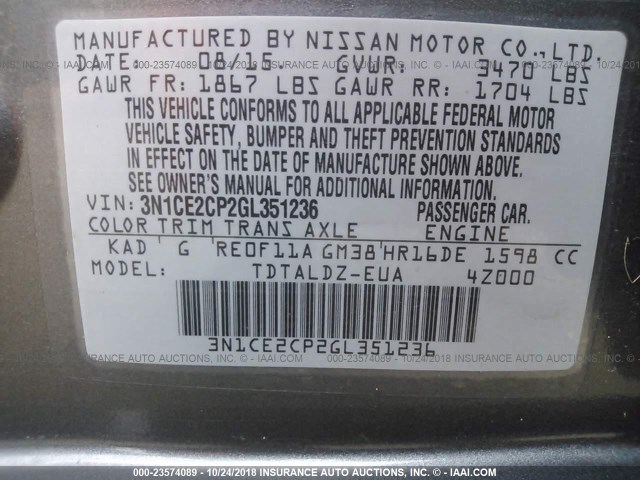 3N1CE2CP2GL351236 - 2016 NISSAN VERSA NOTE S/S PLUS/SV/SL/SR GRAY photo 9