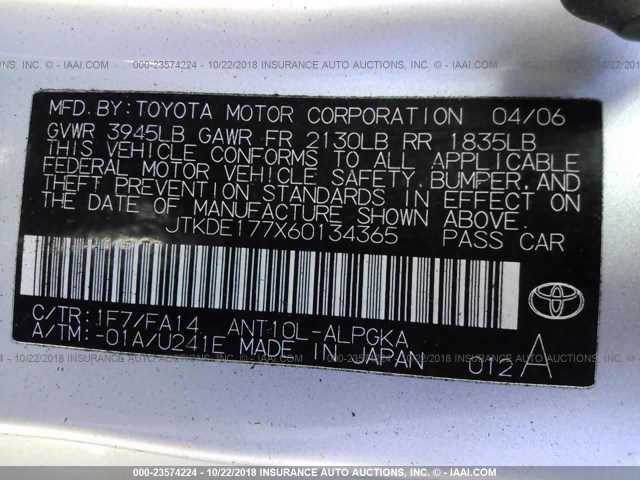 JTKDE177X60134365 - 2006 TOYOTA SCION TC 银色 照片 9