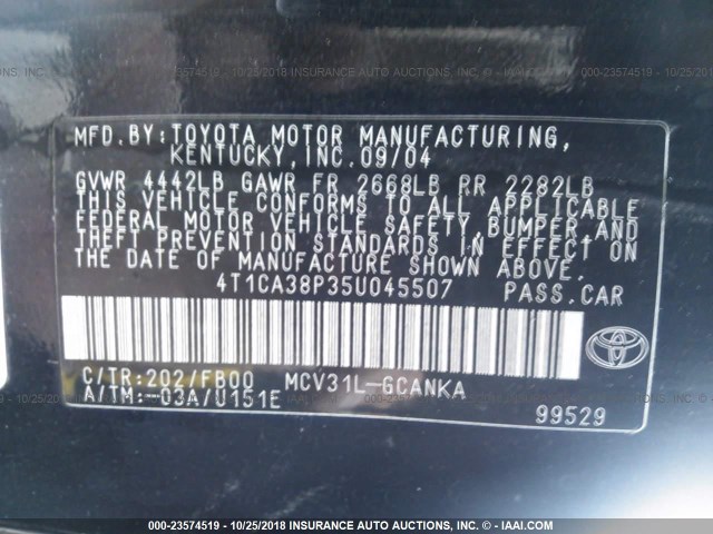 4T1CA38P35U045507 - 2005 TOYOTA CAMRY SOLARA SE/SLE BLACK photo 9