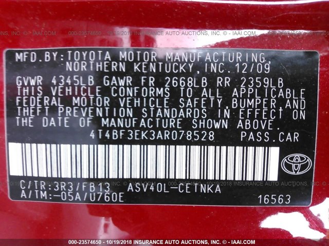 4T4BF3EK3AR078528 - 2010 TOYOTA CAMRY SE/LE/XLE RED photo 9