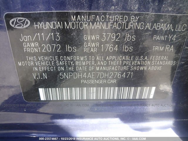 5NPDH4AE7DH276471 - 2013 HYUNDAI ELANTRA GLS/LIMITED BLUE photo 9