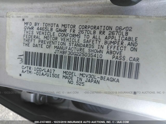 JTHBF30G225035410 - 2002 LEXUS ES 300 SILVER photo 9