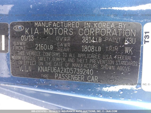 KNAFU6A2XD5739240 - 2013 KIA FORTE EX BLUE photo 9