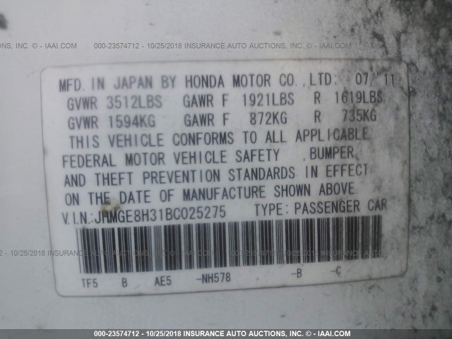 JHMGE8H31BC025275 - 2011 HONDA FIT WHITE photo 9