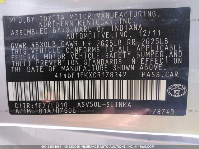 4T4BF1FKXCR178342 - 2012 TOYOTA CAMRY SE/LE/XLE SILVER photo 9