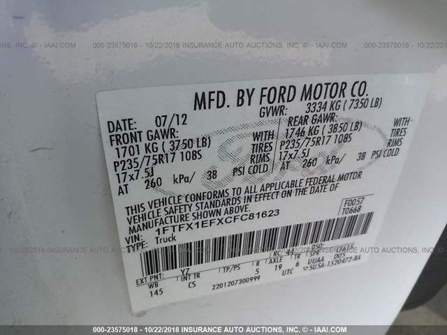 1FTFX1EFXCFC81623 - 2012 FORD F150 SUPER CAB WHITE photo 9