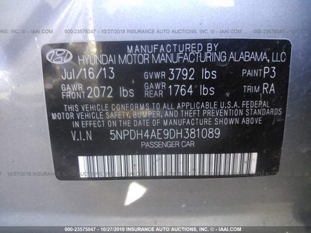 5NPDH4AE9DH381089 - 2013 HYUNDAI ELANTRA GLS/LIMITED GRAY photo 9