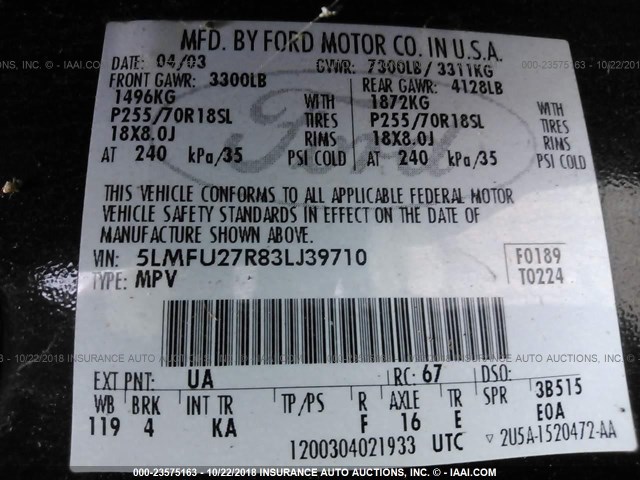 5LMFU27R83LJ39710 - 2003 LINCOLN NAVIGATOR Қара фото 9