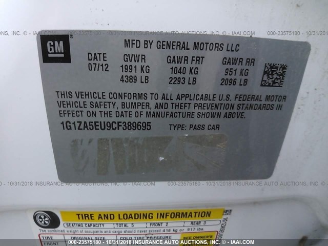 1G1ZA5EU9CF389695 - 2012 CHEVROLET MALIBU LS 白色 照片 9