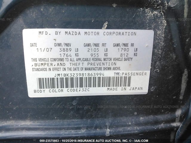 JM1BK323981863994 - 2008 MAZDA 3 S BLUE photo 9