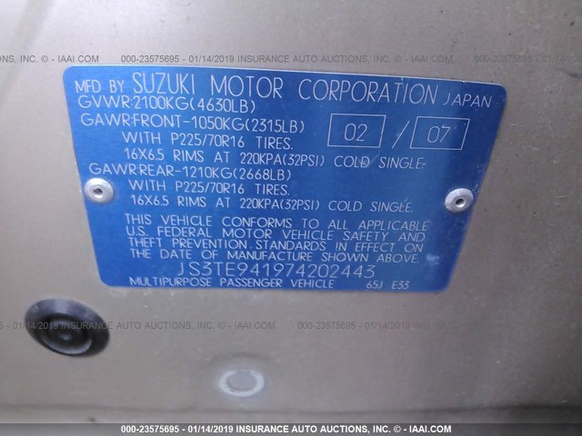 JS3TE941974202443 - 2007 SUZUKI GRAND VITARA  GOLD photo 9