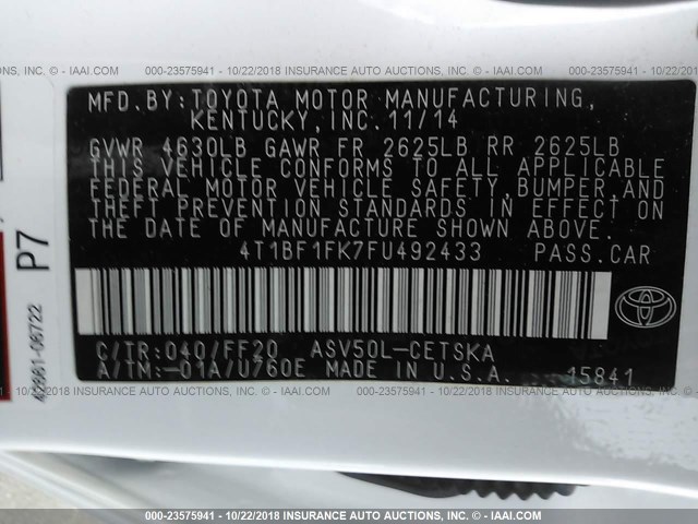 4T1BF1FK7FU492433 - 2015 TOYOTA CAMRY LE/XLE/SE/XSE WHITE photo 9