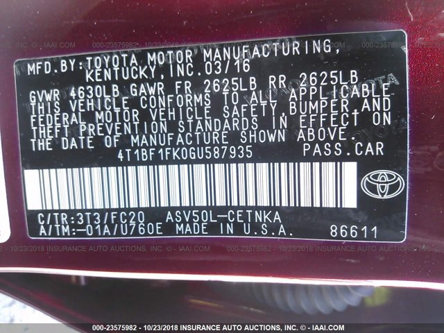 4T1BF1FK0GU587935 - 2016 TOYOTA CAMRY LE/XLE/SE/XSE RED photo 9