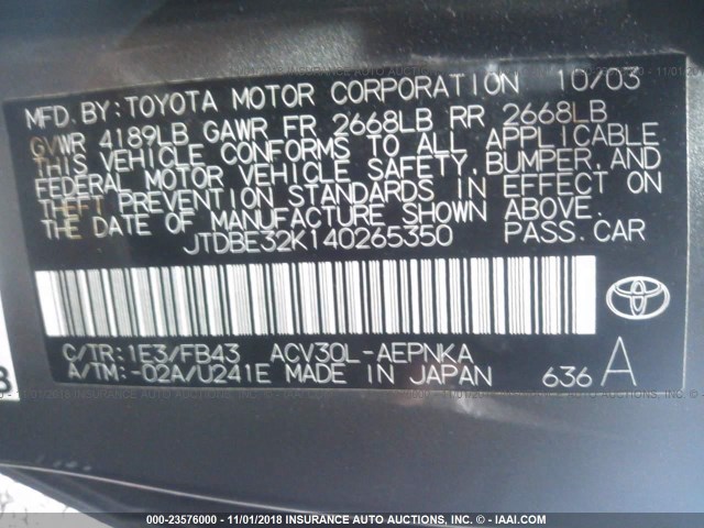 JTDBE32K140265350 - 2004 TOYOTA CAMRY LE/XLE 灰色 照片 9