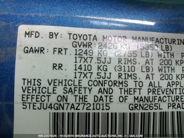 5TEJU4GN7AZ721015 - 2010 TOYOTA TACOMA DOUBLE CAB PRERUNNER BLUE photo 9