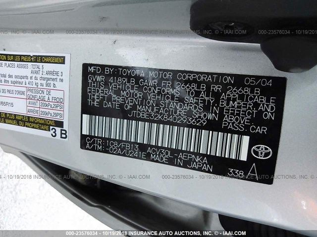 JTDBE32K840293629 - 2004 TOYOTA CAMRY LE/XLE Gümüş foto 9