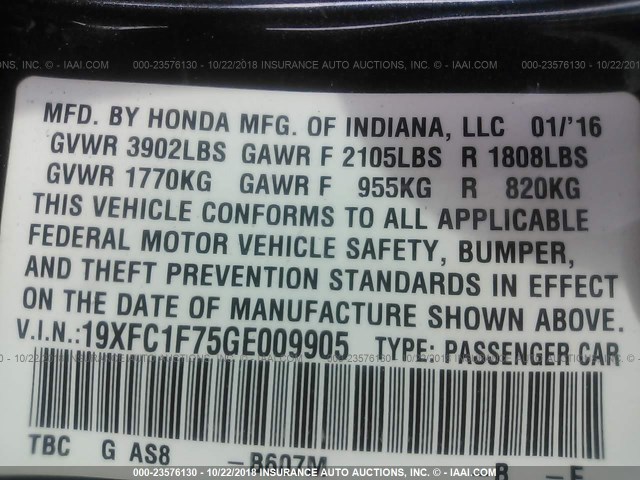 19XFC1F75GE009905 - 2016 HONDA CIVIC EXL BLUE photo 9