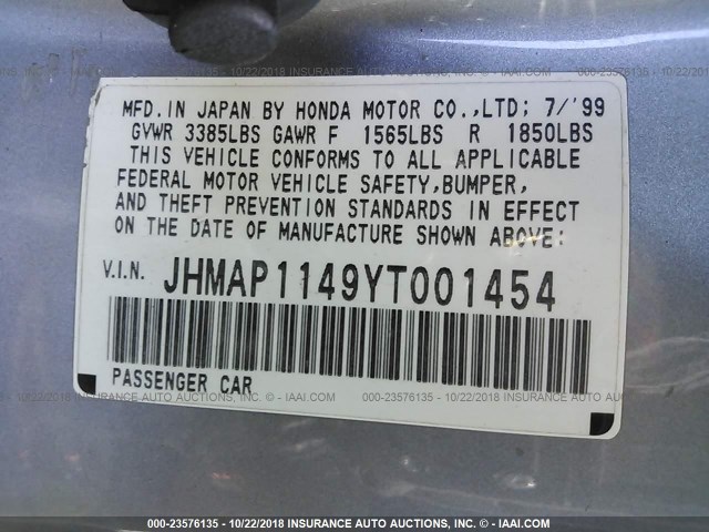 JHMAP1149YT001454 - 2000 HONDA S2000 SILVER photo 9