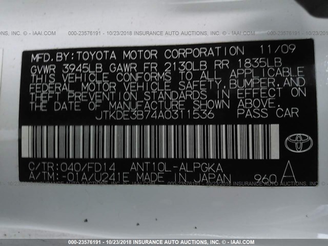 JTKDE3B74A0311536 - 2010 TOYOTA SCION TC Ağ foto 9