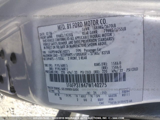 1FAFP31N47W140275 - 2007 FORD FOCUS ZX3/S/SE/SES SILVER photo 9