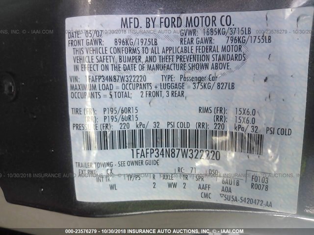 1FAFP34N87W322220 - 2007 FORD FOCUS ZX4/S/SE/SES GRAY photo 9