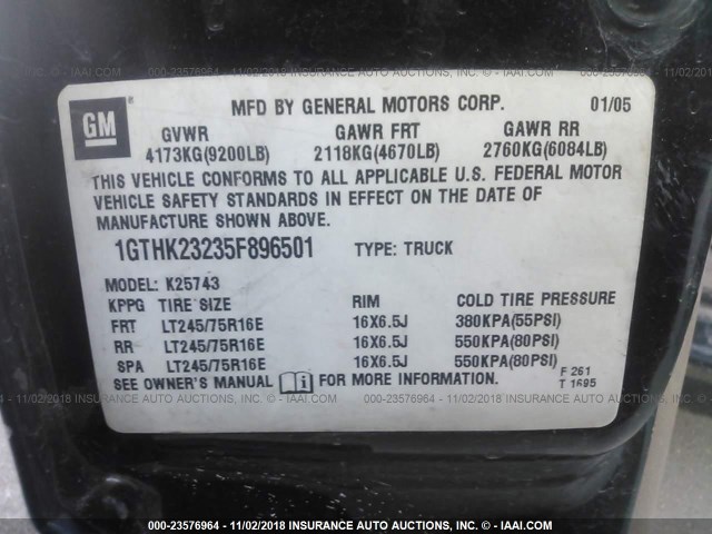 1GTHK23235F896501 - 2005 GMC SIERRA K2500 HEAVY DUTY BLACK photo 9