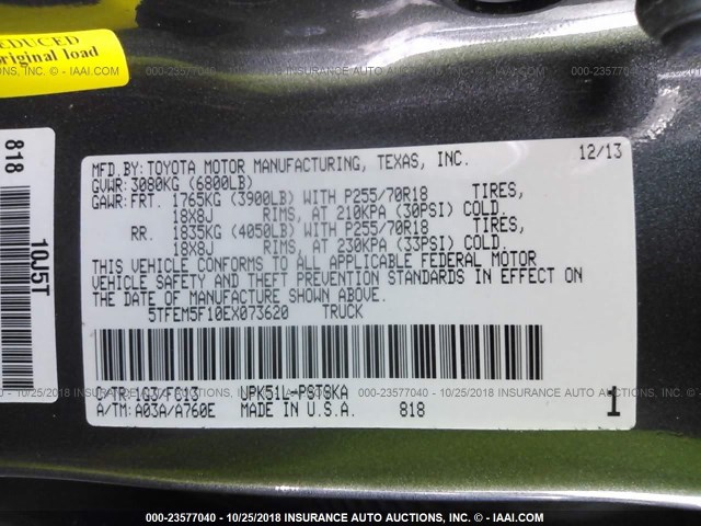 5TFEM5F10EX073620 - 2014 TOYOTA TUNDRA CREWMAX SR5 GRAY photo 9