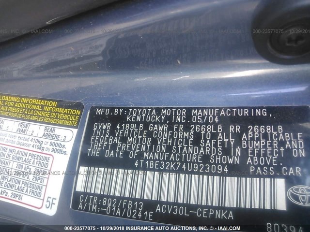 4T1BE32K74U923094 - 2004 TOYOTA CAMRY LE/XLE/SE BLUE photo 9