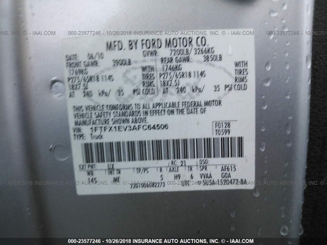 1FTFX1EV3AFC64506 - 2010 FORD F150 SUPER CAB SILVER photo 9