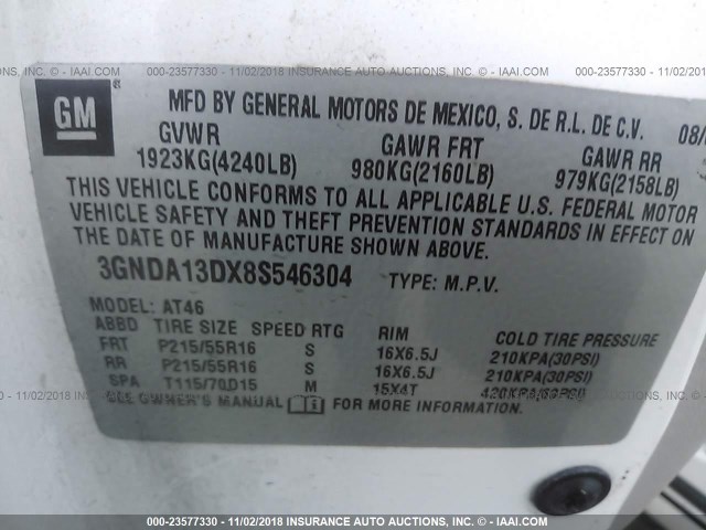 3GNDA13DX8S546304 - 2008 CHEVROLET HHR LS WHITE photo 9