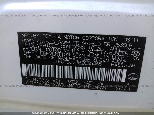 JTHCF5C23B2035465 - 2011 LEXUS IS 250 WHITE photo 9