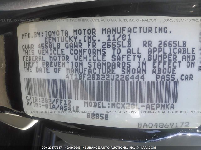 4T1BF28B22U226444 - 2002 TOYOTA AVALON XL/XLS BLACK photo 9