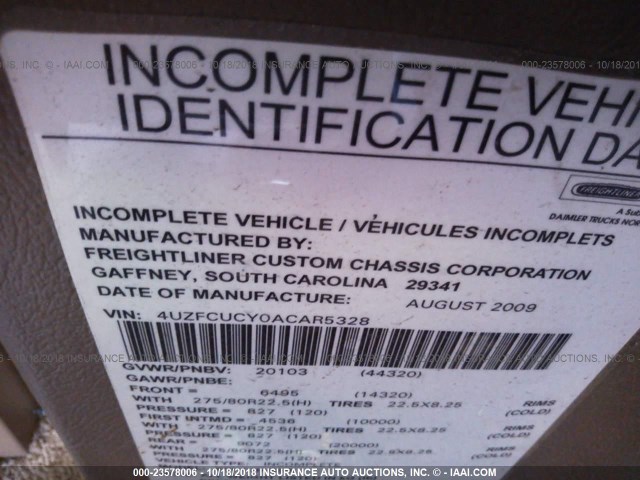 4UZFCUCY0ACAR5328 - 2010 FREIGHTLINER CHASSIS XC თეთრი ფოტო 9