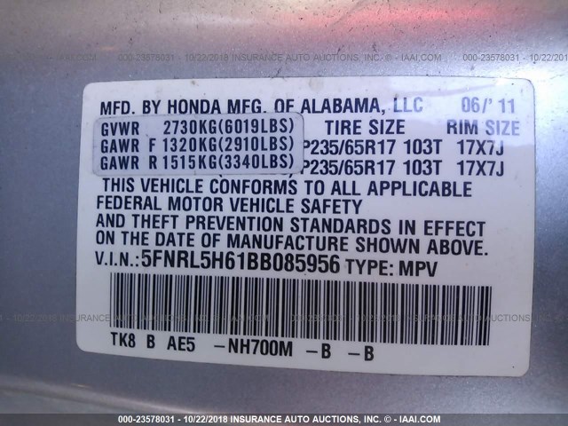 5FNRL5H61BB085956 - 2011 HONDA ODYSSEY EXL SILVER photo 9