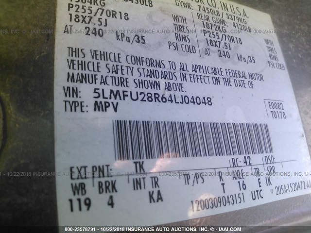 5LMFU28R64LJ04048 - 2004 LINCOLN NAVIGATOR Қоңыр фото 9