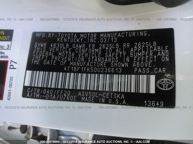 4T1BF1FK5DU236613 - 2013 TOYOTA CAMRY L/SE/LE/XLE Ağ foto 9