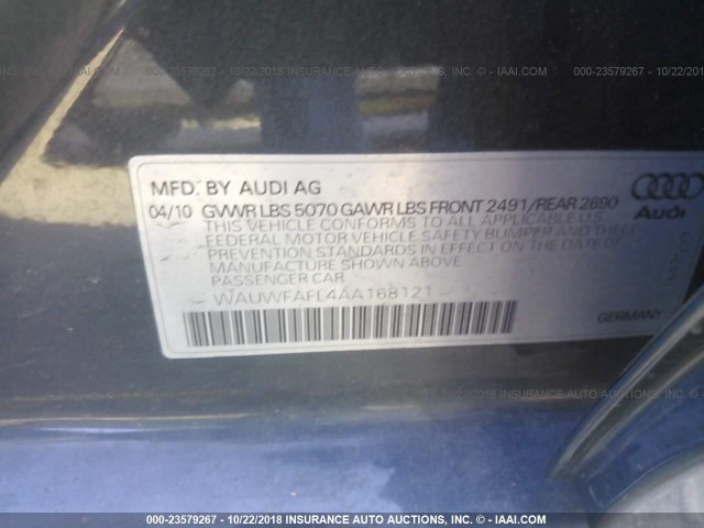 WAUWFAFL4AA168121 - 2010 AUDI A4 PREMIUM PLUS GRAY photo 9