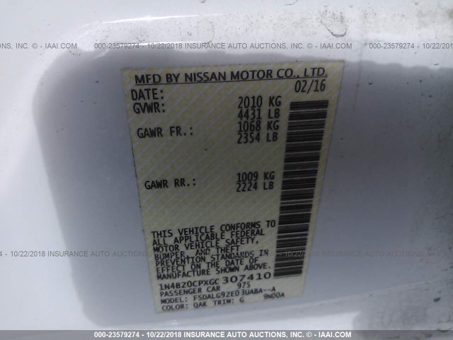 1N4BZ0CPXGC307410 - 2016 NISSAN LEAF SV/SL WHITE photo 9