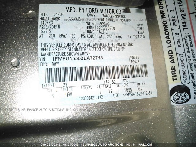 1FMFU15508LA72718 - 2008 FORD EXPEDITION XLT GRAY photo 9