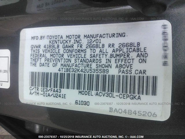 4T1BE32K42U535589 - 2002 TOYOTA CAMRY LE/XLE/SE GRAY photo 9