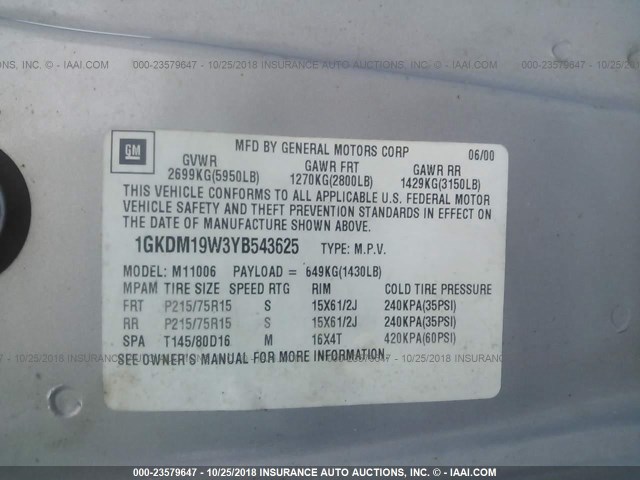 1GKDM19W3YB543625 - 2000 GMC SAFARI XT GRAY photo 9