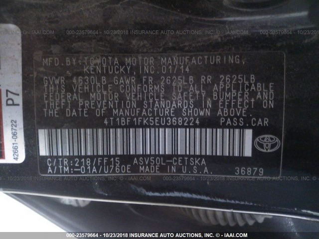 4T1BF1FK5EU368224 - 2014 TOYOTA CAMRY L/SE/LE/XLE შავი ფოტო 9