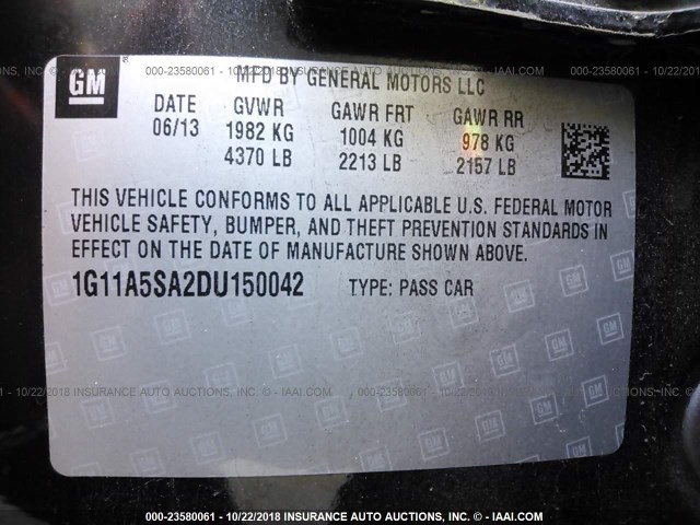 1G11A5SA2DU150042 - 2013 CHEVROLET MALIBU LS 黑色 照片 9