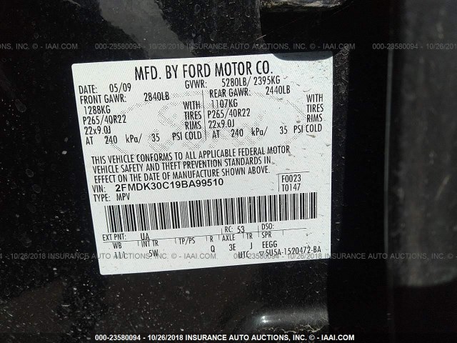 2FMDK30C19BA99510 - 2009 FORD EDGE SPORT BLACK photo 9