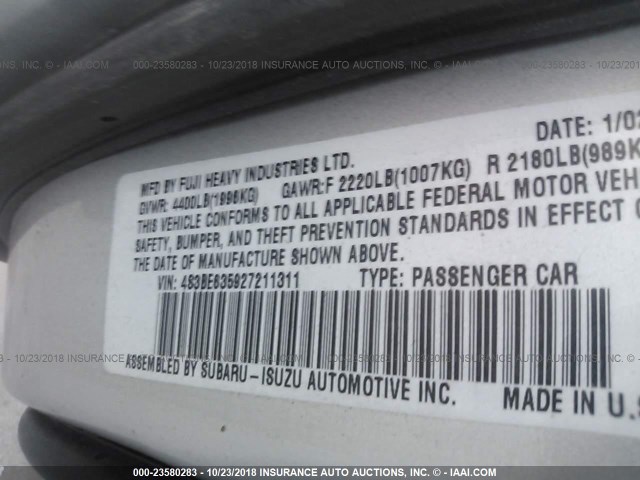 4S3BE635927211311 - 2002 SUBARU LEGACY L SILVER photo 9