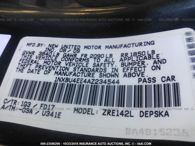 1NXBU4EE4AZ234544 - 2010 TOYOTA COROLLA S/LE/XLE GRAY photo 9