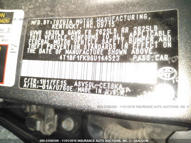 4T1BF1FK9GU144523 - 2016 TOYOTA CAMRY LE/XLE/SE/XSE GRAY photo 9